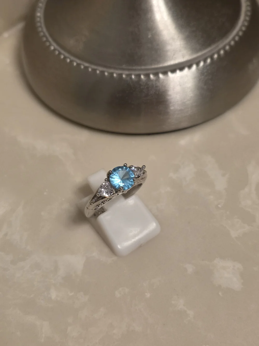925 Silver CZ and Aquamarine Ring Size 6